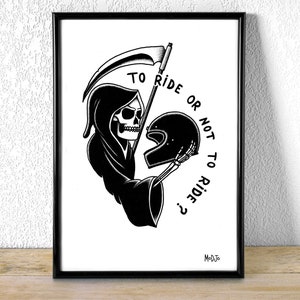 Oryginalna ilustracja szkieletu trzymającego kask motocyklowy - rysunek motocykla - jazda motocyklem