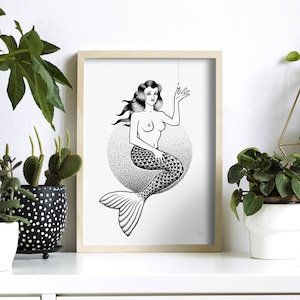 Limited edition screen print of a mermaid pulling on a hook - Decorative frame - Marine poster - Hand signed