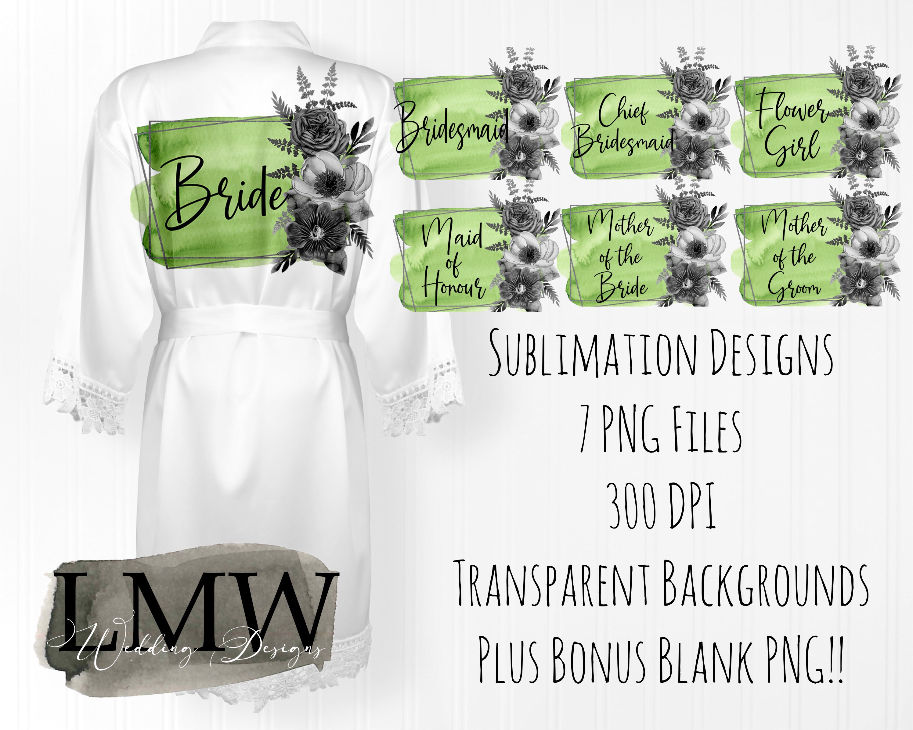 Green & Monochrome Watercolour - Floral - Bridal Party Robe Designs ...