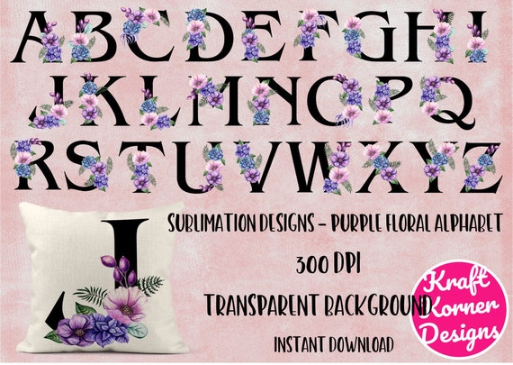 Purple Floral Alphabet A-Z PNG File instant download | Etsy