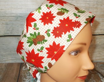 Poinsettias on Gingham Unisex Tie Back Scrub Hat Chemo Cap Nursing Veterinarian Dental Food Service Cleaning Made in USA
