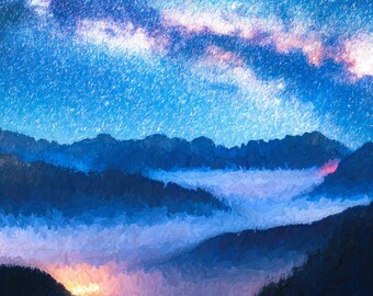 Night Sky Painting Print Gallery Wall Art Set | Mountain Pass Print Set | Galaxy Wall Art | Poster, Photo Paper, and 1 or 3 Piece Canvas Set