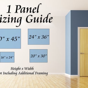May include: A white wall with four different sized blue rectangles, each with a measurement in inches. The text "1 Panel Sizing Guide" is at the top of the image. The text "Height x Width" and "Not Including Additional Framing" is at the bottom of the image.