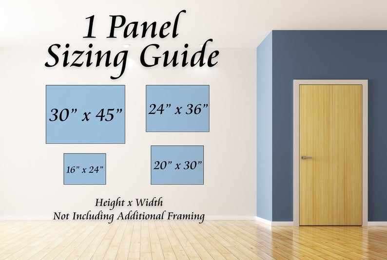 May include: A white wall with four different sized blue rectangles, each with a measurement in inches. The text "1 Panel Sizing Guide" is at the top of the image. The text "Height x Width" and "Not Including Additional Framing" is at the bottom of the image.