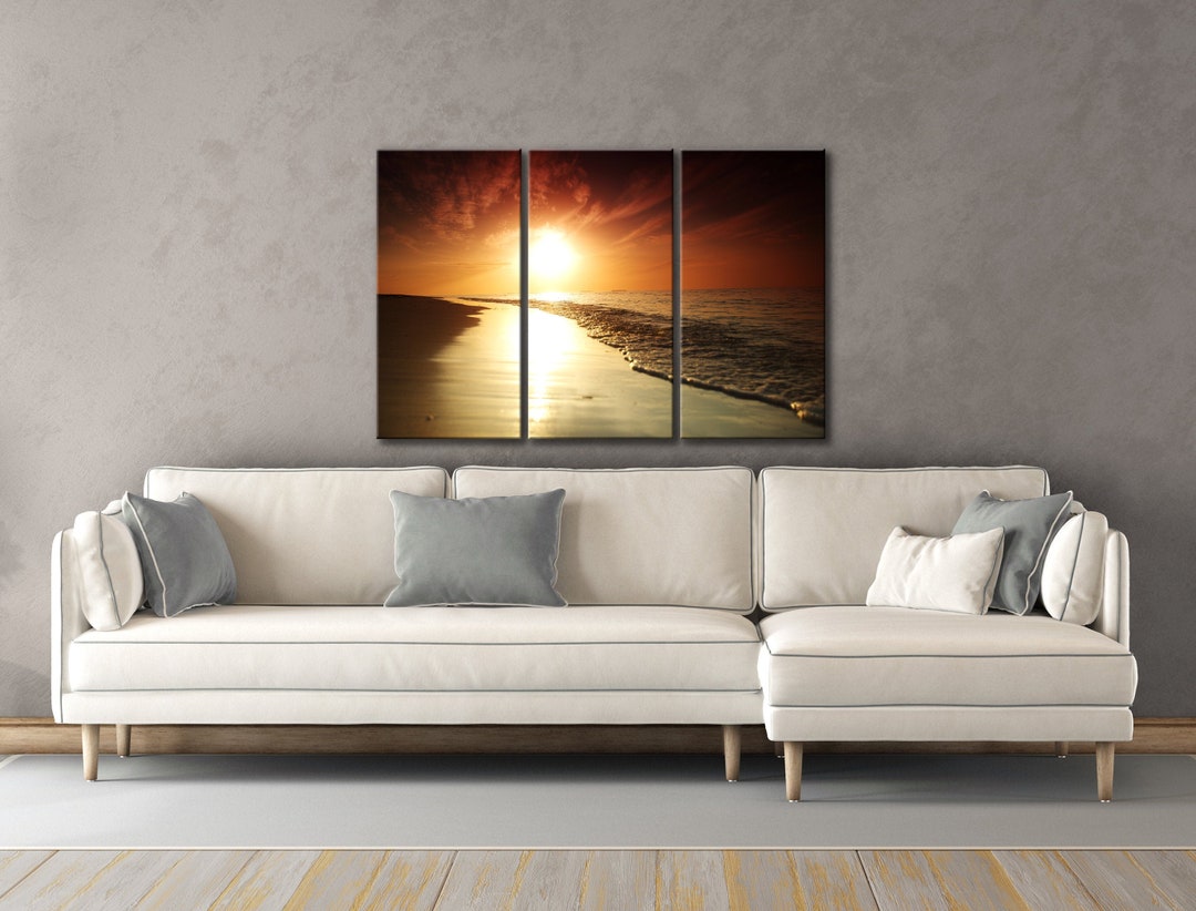 Ocean Sunset Gallery Wall Art Set | Orange Beach Themed Canvas Print ...