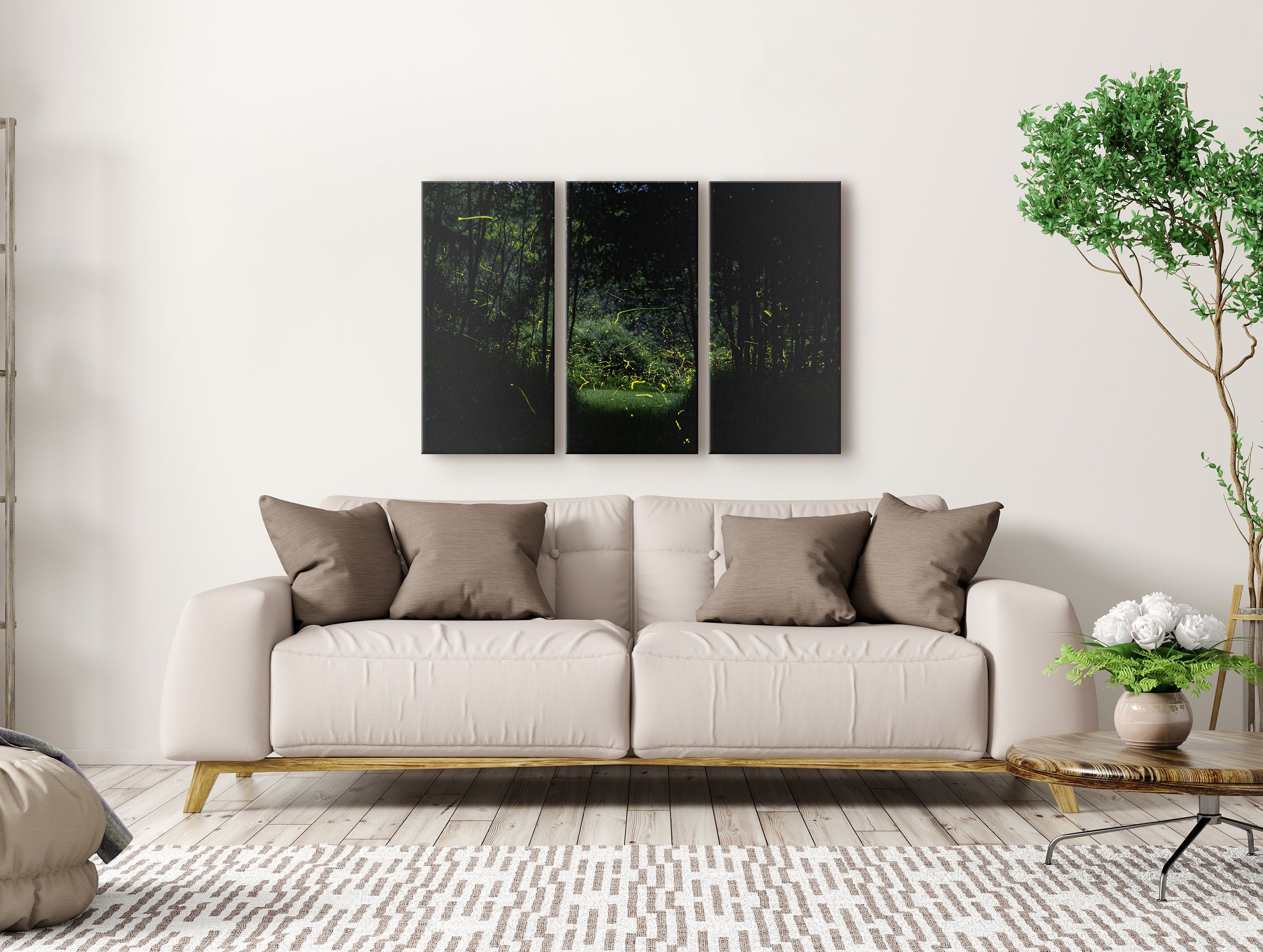 Night in the Woods Gallery Wall Art Set | Summer Fireflies Canvas Print Set | Poster, Photo Paper, and 1 or 3 Piece Canvas Set