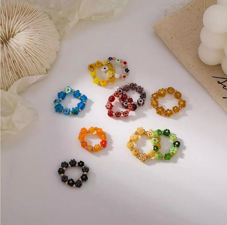 Colorful Beaded Jewelry Spring Time Flower Beaded Ring Dainty Ring