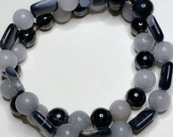 Black Agate, Gray Jade, & Rainbow Obsidian Bracelets