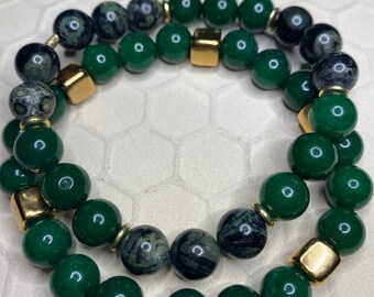 Natural Green Jade & Kambala Jasper Gemstone Bracelets