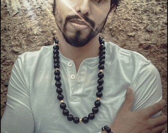 Black Onyx Men’s Necklace with matching bracelets hand made with gold plated spacers 18mm necklace and 10mm bracelets