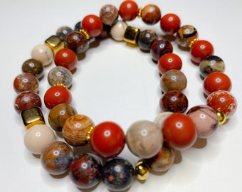 Red Flower Jasper and Natural Jasper Semi-Precious Gemstone Bracelets