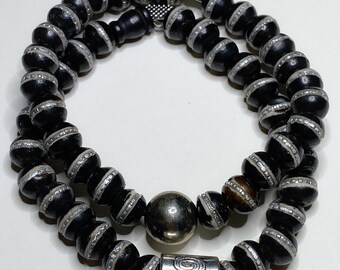 Silver Inlaid Black Bone Mala Beaded Bracelets