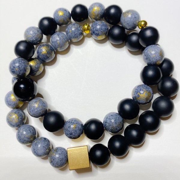 Natural Gold Filled Mashan Jade, Black Onyk, Matte Black Obsidian, Gold Filled Cube Gem Stone Bracelet