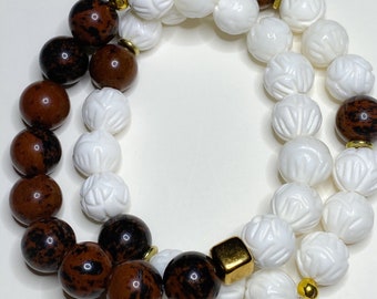 Mahogany Obsidian & White Tridanca Faceted Jade Gemstone Bracelets