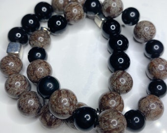 Natural Brown Snowlake and Black Obsidian Gemstone Bracelets