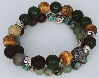 Multi-Color Gem Stone Bracelet Landscape Jasper, Black Onyx, Green Jade