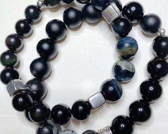 Grey Vein Jasper & Blue Gray Hawkeye Gemstone Bracelets