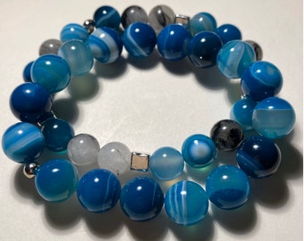 Blue Striped Agate & Tourmalinated Quartz Gemstone Bracelets