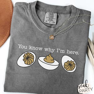 May include: Gray Comfort Colors t-shirt with the text "You know why I'm here" and illustrations of deviled eggs. A gold necklace and a brown hat are also visible. The shirt is displayed on a white surface.