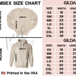 May include: A unisex size chart for Gildan crewneck and hoodie sweatshirts. The chart includes measurements for width and length in inches, ranging from XS to 3XL. The text "Printed in the USA" is also visible.