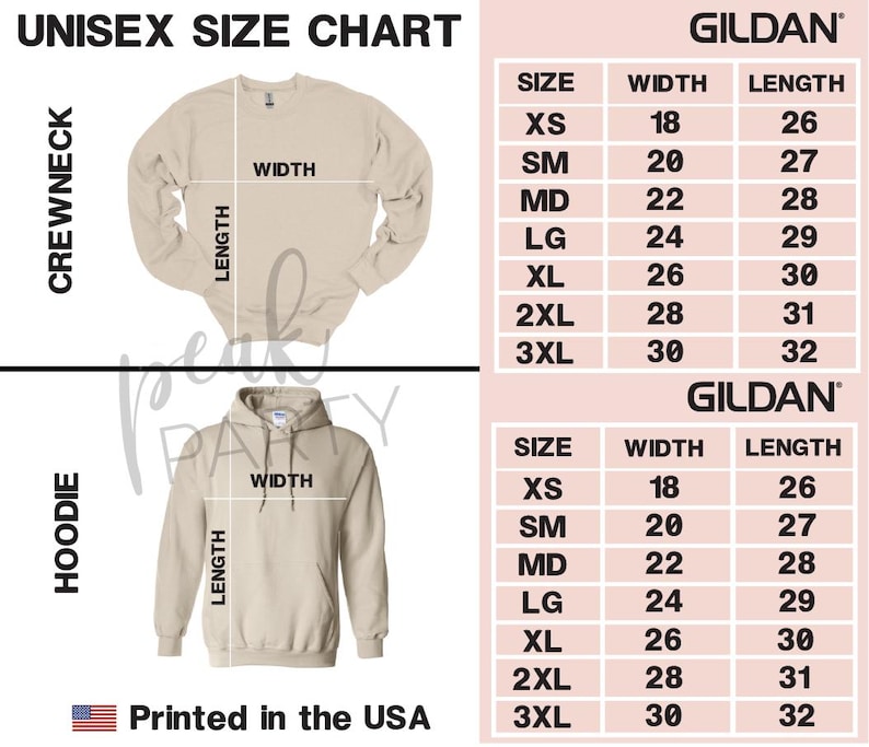 May include: A unisex size chart for Gildan crewneck and hoodie sweatshirts. The chart includes measurements for width and length in inches, ranging from XS to 3XL. The text "Printed in the USA" is also visible.