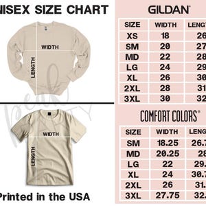 May include: A unisex size chart for crewneck sweatshirts and t-shirts. The chart includes measurements for Gildan and Comfort Colors brands. The chart shows the width and length in inches for sizes XS to 3XL. Printed in the USA.