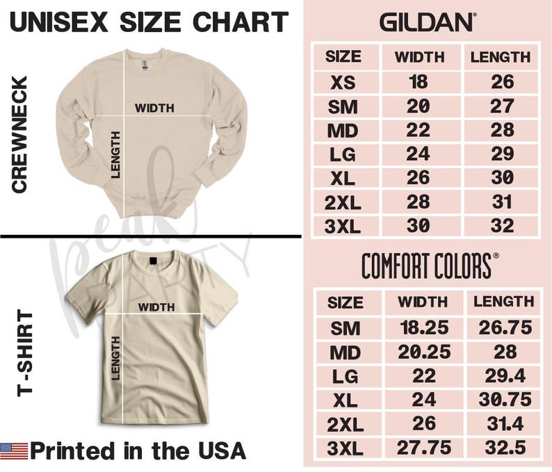 May include: A unisex size chart for crewneck sweatshirts and t-shirts. The chart includes measurements for Gildan and Comfort Colors brands. The chart shows the width and length in inches for sizes XS to 3XL. Printed in the USA.