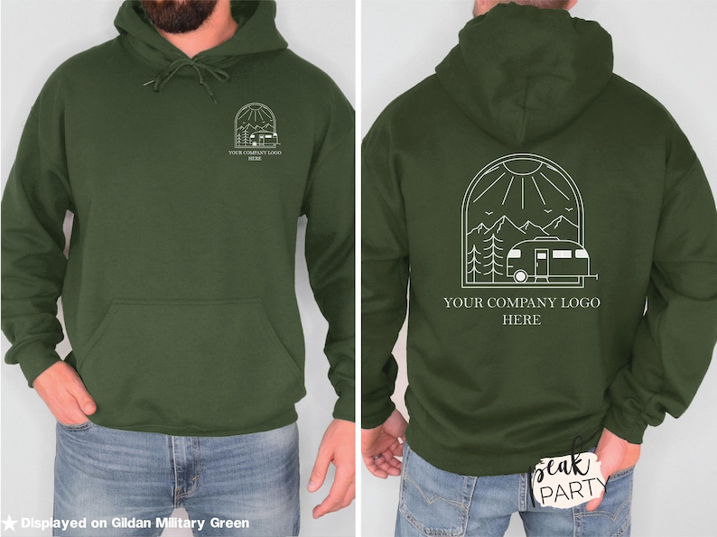 May include: Dark green hoodie with a front pocket and drawstring. The front features a white graphic of a house inside an arch. The back has a white graphic of a camper, mountains, and sun. Text reads "YOUR COMPANY LOGO HERE."