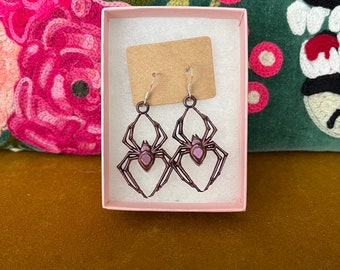 Metallic pink spider sterling silver hook earrings - dungeons and dragons accessories