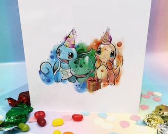 Kanto starters birthday card - celebration card  - nerdy gifts - cute gifts - videogames - gaming gifts -