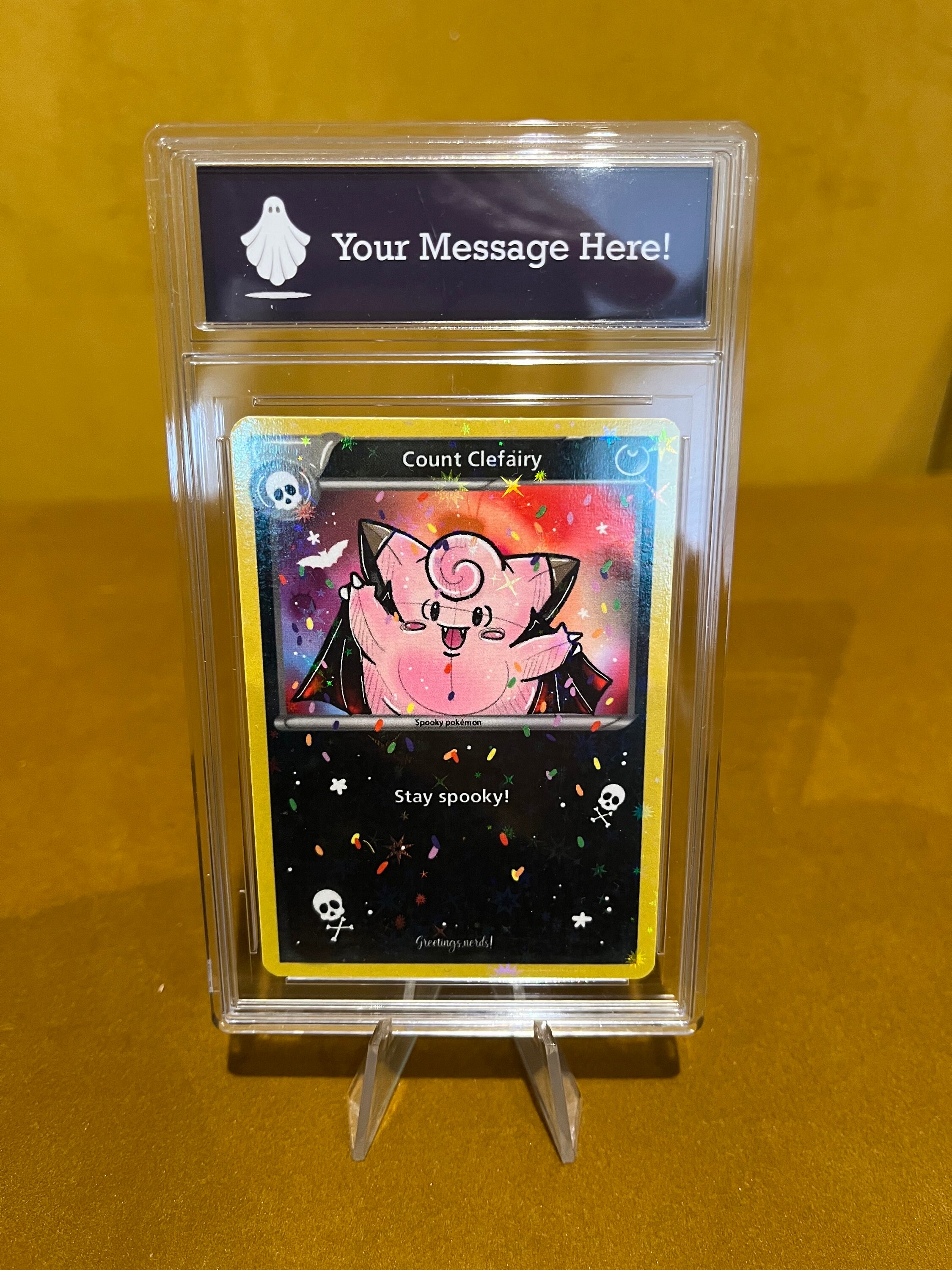 fan art customisable psa style slab with celebration trading card. Countclefairy poke spooky type birthday card