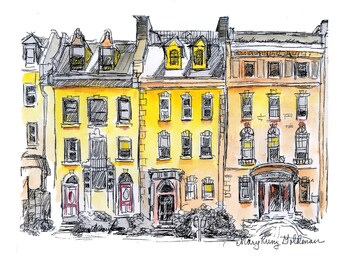 Brownstones Print: Watercolor Ink Drawing of Ornate Gilded Age Whimsical Rowhouses. Architecture Gift Elevant New York Wall Decor