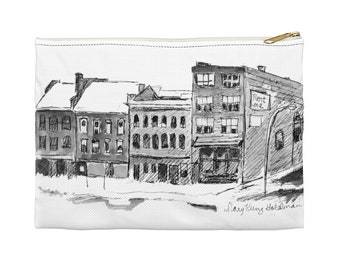 Zipper Pouch: City Street Scene Ink Sketch Cute Old Buffalo NY Buildings in the Snow. Original Art by Mary Kunz Goldman