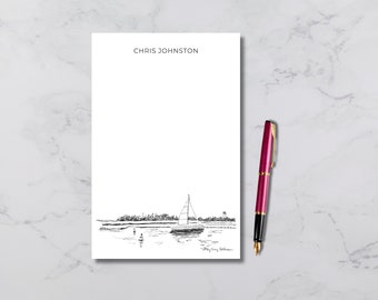 Personalized Notepad: Sailboat on Lake Erie, Nautical Letter or Note Paper, Elegant Black and White Ink Illustration by Mary Kunz Goldman