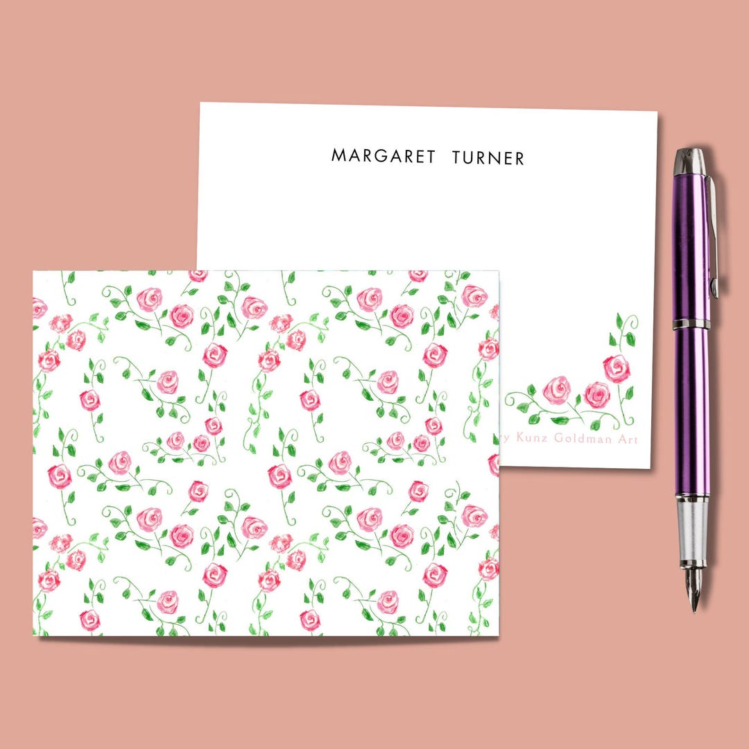 Roses Note Cards: Watercolor Pink Rose Pattern Notecards Flowers ...