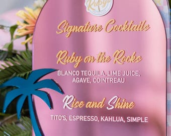 Custom Bar Menu, Bar Bat Mitzvah Event Décor, UV Printed Mirrored Acrylic Menu for Specialty Cocktail or Mocktail, Weddings, Birthdays
