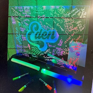 LED Neon Glow Bar/Bat Mitzvah Sign In Board, Laser Engraved for Superior Detail and Design, Add Your Logo or Theme, Bright Vivid LED Colors