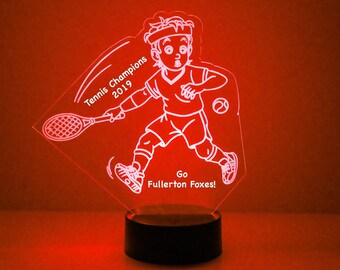 Boys Tennis Player Night Light, Personalized Free, LED Night Lamp, With Remote Control, Engraved Gift, 16 Color Change