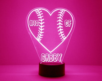 Girls Softball Heart Night Light, Personalized Free, LED Night Lamp, With Remote Control, Engraved Gift, 16 Color Change