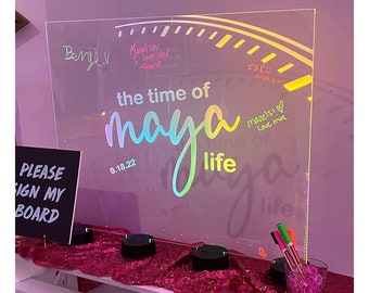 LED Neon Glow Bar/Bat Mitzvah Sign In Board, Laser Engraved for Superior Detail and Design, Add Your Logo or Theme, Bright Vivid LED Colors