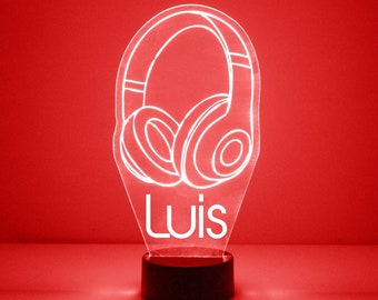 LED Headphones Night Light, Personalized Free, LED Night Lamp, With Remote Control, Engraved Gift, 16 Color Change