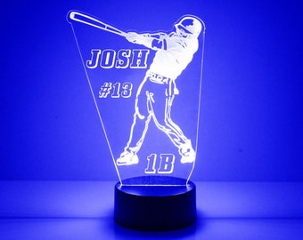 Baseball Player Night Light, Personalized Free, LED Night Lamp, With Remote Control, Engraved Gift, 16 Color Change, Little League Player