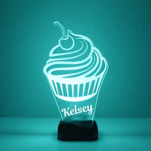 May include: A teal-colored LED night light shaped like a cupcake, with a cherry on top. The name "Kelsey" is written in cursive on the base of the cupcake. The light sits on a black base.