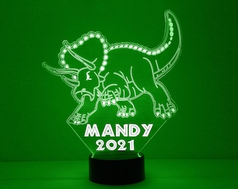 Triceratops Dinosaurier Nachtlicht, Personalisiert Frei, LED Nachtlampe, Mit Fernbedienung, Gravur Geschenk, 16 Farbwechsel, Leucht Dinosaurier