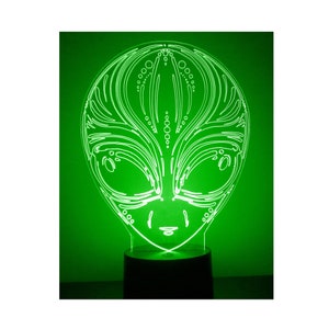 May include: A green alien face night light with a white outline. The light is on a black base.