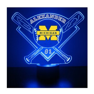 Michigan Wolverines, Personalized Sports Fan Lamp, College Baseball , Free Engraving, Fan Gift, 16 Color Remote Control, CLC Licensed