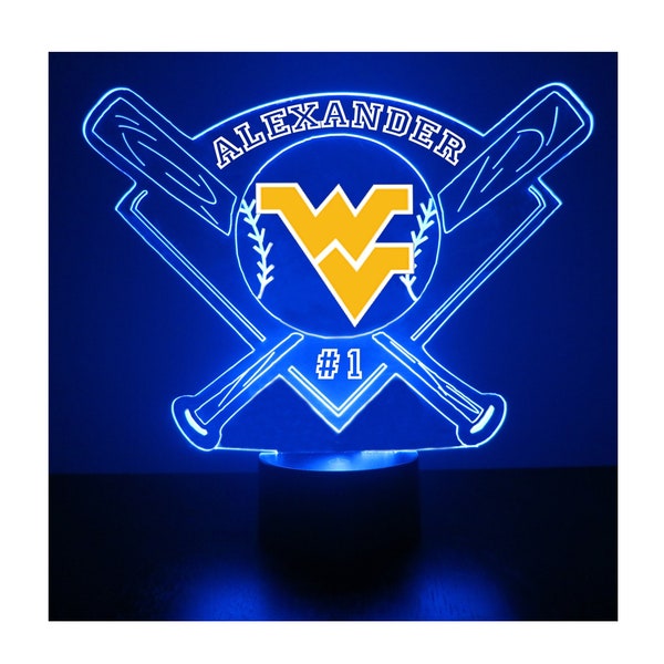 West Virginia Mountaineers, Personalized Sports Fan Lamp, College Baseball, Free Engraving, Fan Gift, 16 Color Remote Control, CLC Licensed