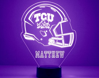 Luminária personalizada para fãs de esportes, com o tema TCU Horned Frogs, futebol americano universitário, gravada, presente oficial para torcedores da TCU. Produto universitário licenciado.