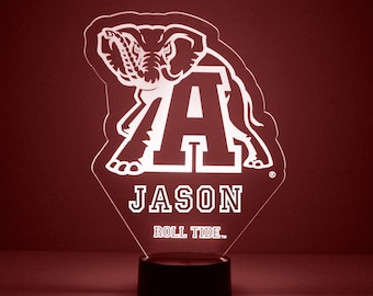 Alabama Crimson Tide, Lámpara personalizada para aficionados al deporte, Fútbol americano universitario, Grabado, Regalo para aficionados de Alabama, Producto universitario con licencia oficial