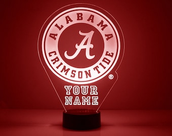 Lámpara personalizada para aficionados al deporte de Alabama Crimson Tide, fútbol americano universitario, grabada, regalo para aficionados de Alabama, producto universitario con licencia oficial.